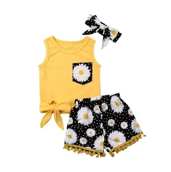 

2019 Brand Toddler 3PCS Baby Girl Outfit Set Sleveeless pocket Tops Romper+Sunflower Short Pants+Headband Casual fashion