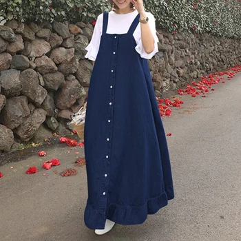 

ZANZEA Fashion Women Ruffles Sundress Vintage Overalls Dress Summer Denim Blue Maxi Long Vestido Solid Flounce Dress Robe Femme7