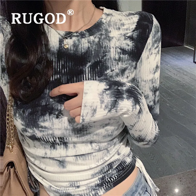 RUGOD осень зима стиль Шикарный галстук-краситель шнурок о-образный вырез трикотаж сборная Талия Обрезанные Топы Мода