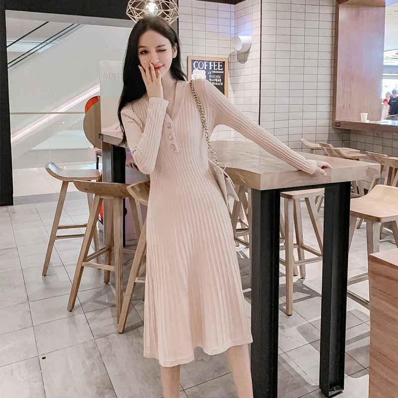 Korean Fashion Knitting Woman Dress Solid Office Lady Sweater Dress Winter Long Sleeve Black Midi Dresses for Women