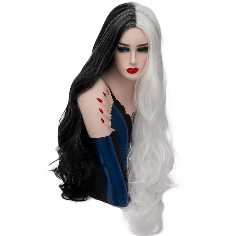 YYsoo Женский Косплей длинный волнистый парик синтетический 2 тона половина черный половина белые волосы термостойкий костюм, ниспадающий волнами парики для женщин часть использования - Цвет: half black white