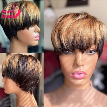 

250 Density Machine Made Human Hair Wigs With Bang 180% Ombre 1B Honey Blonde Pixie Cut Wig Straight Short Bob For Black Women