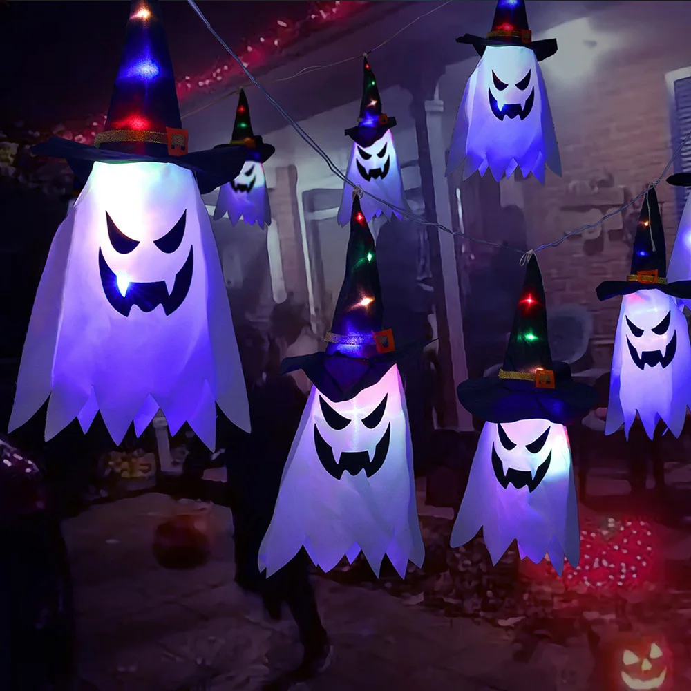 

Halloween LED Lanterns Wizard Hat Hanging Lamp 3m 5pcs Ghost Face String Lights Festival Horror Atmosphere Room Decoration Lamp