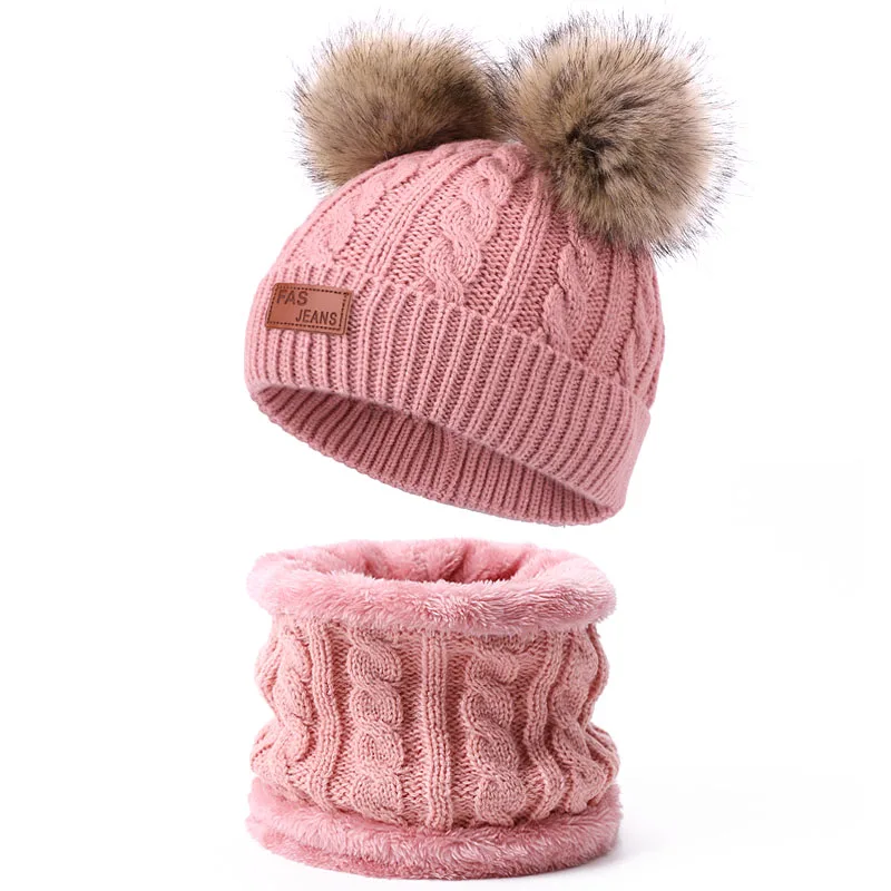 Детский комплект из шапки и шарфа, зимние однотонные шапочки Skullies с двойным помпоном из искусственного меха, высокое качество, вязаное кольцо для шляпы, шарф, шапка - Цвет: K