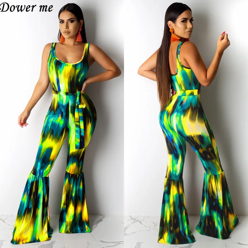 

Dower Me 2019 Casual Sleeveless Print Tank Square Collar Jumpsuit Romper Backless Lace Up Loose Bell-bottoms Outfits NZ078