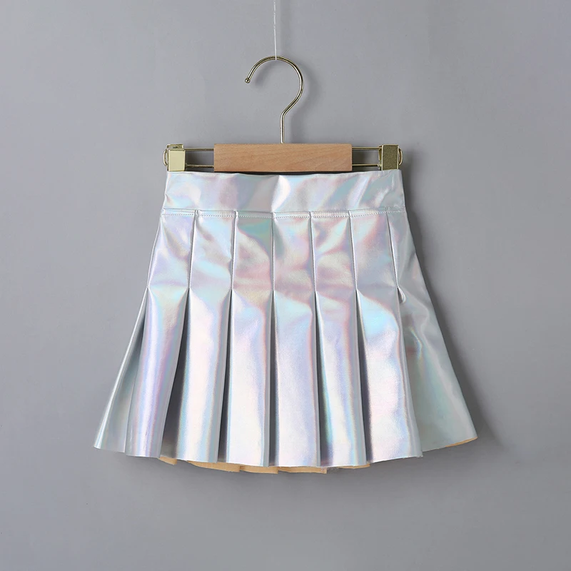 Блестящая плиссированная юбка для девочек детская одежда Серебристая кожаная