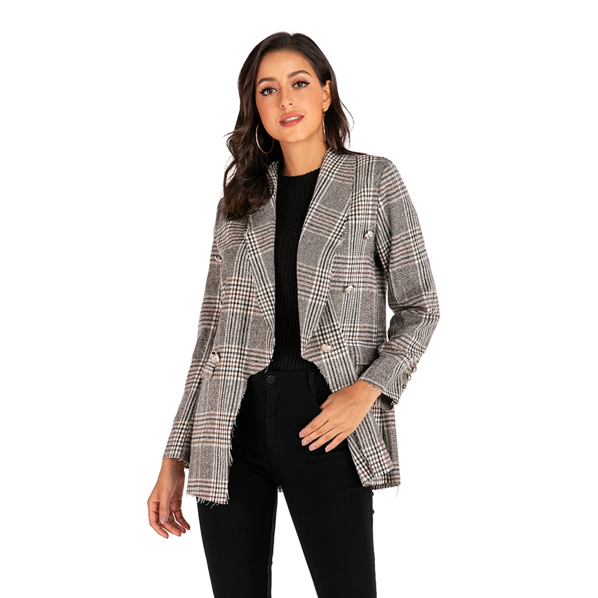 Fashion ladies jacket autumn and winter new plaid long-sleeved woolen coat jacket cardigan women's jacket