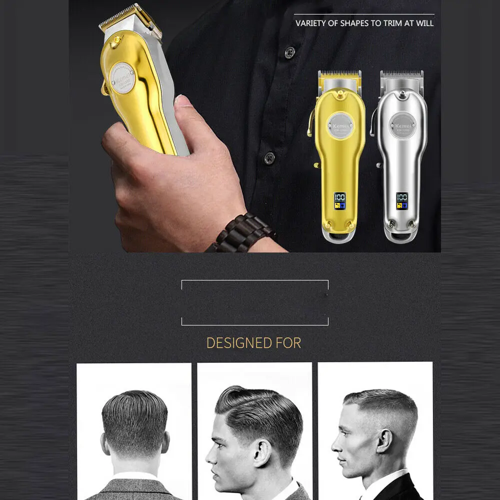 Kemei All-Metal Professional Hair Clipper Electric Cordless Trimmer Shaver Razor Gold/Silver