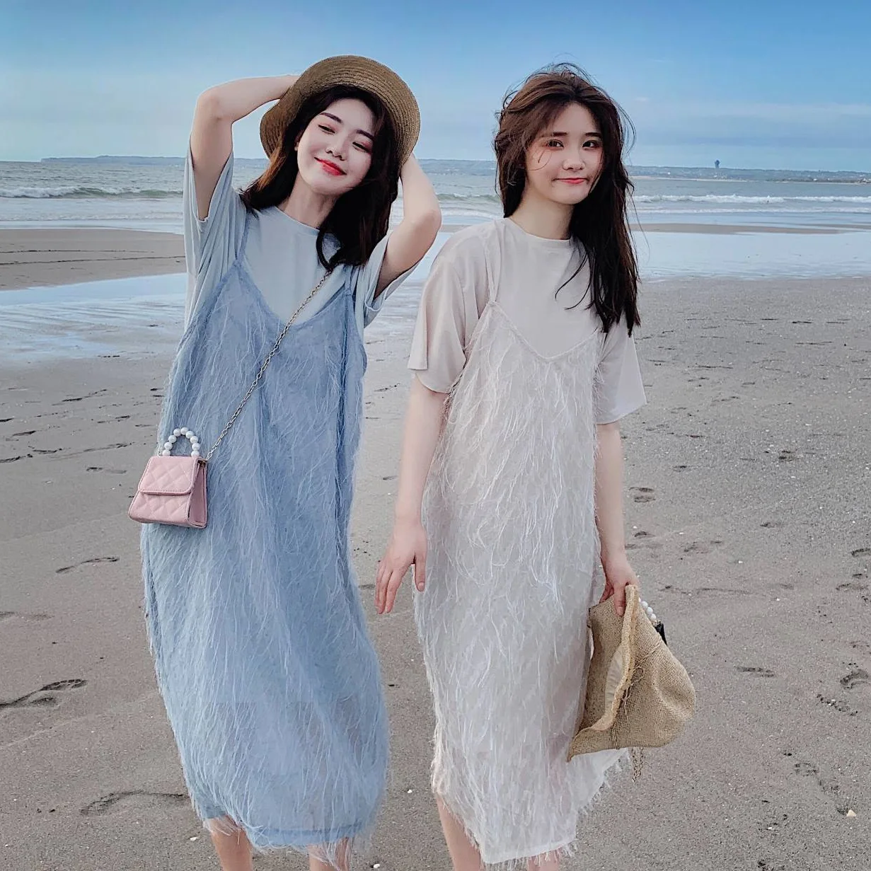 

Photo Shoot CHIC Beach Feather Tassels Camisole Two-Piece Set Peacock Blue Mid-length Short Sleeve T-shirt Dress Fairy