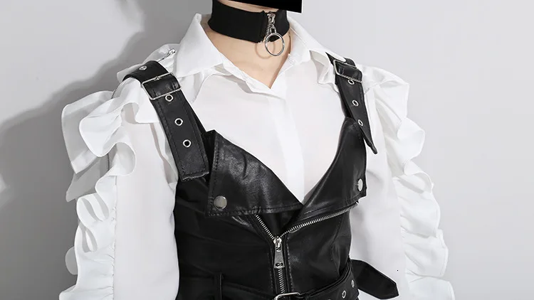[EAM] Летняя мода узор корейский сплошной цвет оборки сторона с длинным рукавом молния черный белый рубашка прилива Топы для женщин YA848