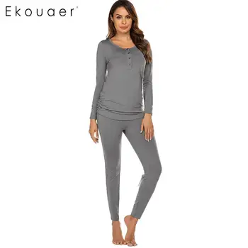 

Ekouaer Autumn Winter Sleepwear Women Pajama Sets O-Neck Long Sleeve Tops Long Pants Solid Pajamas Set Homewear Clothes