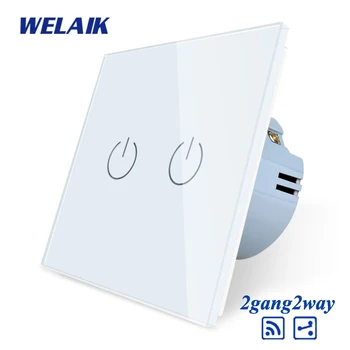 

WELAIK1 EU 2Gang2Way Crystal Glass Panel LED Lamp Touch Switch Remote control RF 433.92MHZ European Stairs Wall Switch A1924CW