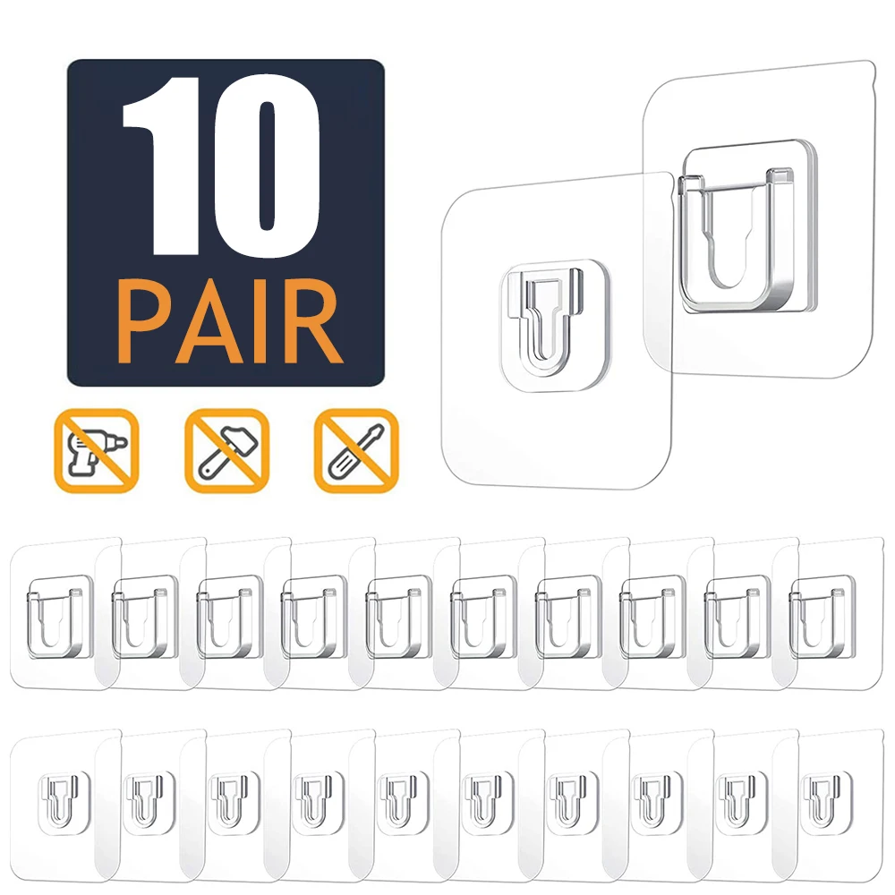 Ganchos de pared adhesivos de doble cara, ventosa transparente fuerte, gancho de almacenamiento de pared para cocina y baño, 10 pares