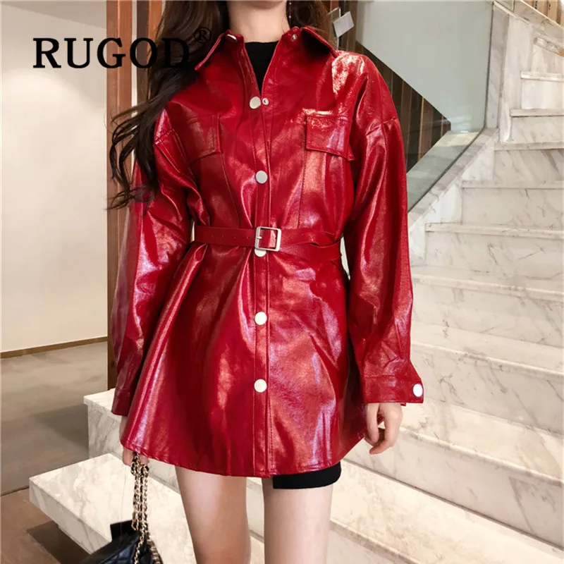 RUGOD Новое корейское стильное шикарное яркое кожаное сексуальное пальто с поясом, однотонные Зимние Топы для женщин, модные