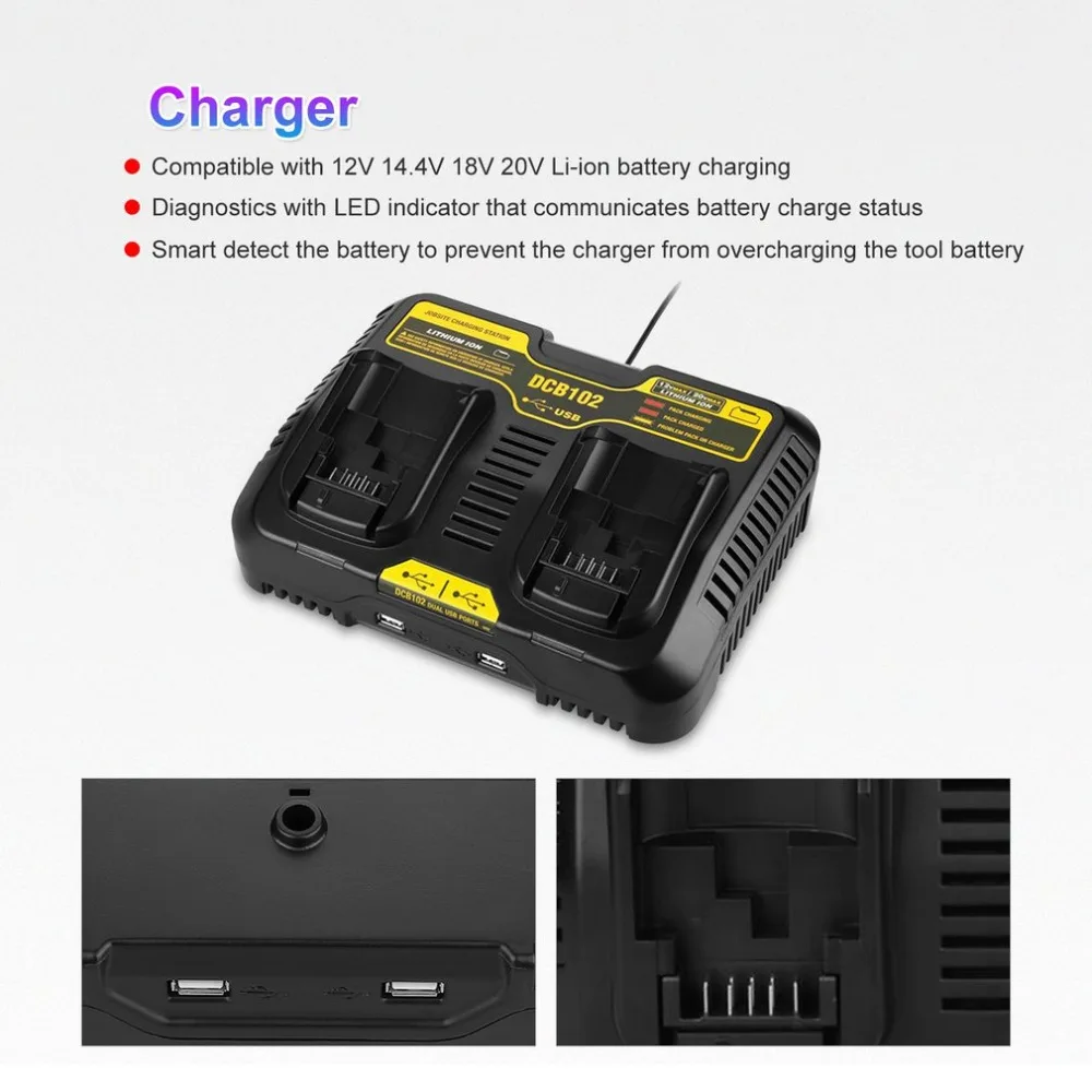 10.8V-20V Dual USB Lithium Li-Ion Universal Rechargeable Battery Charger Pack Power Tool For Dewalt DCB102 Charging Station