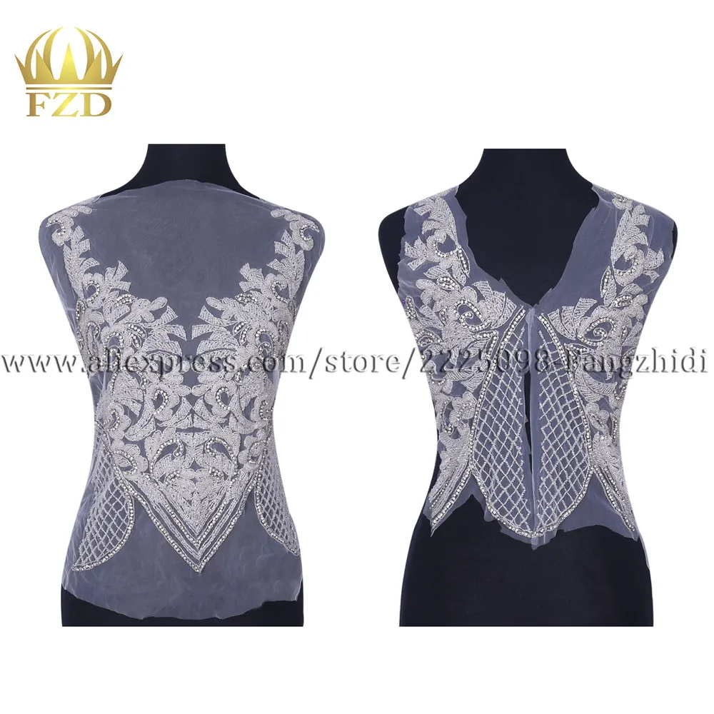 FZD 1 Set Sew on Silver rhinestone Bodice applique fashion Party Gown bodices Patches Rhinestones beads for Wedding Dresses | Дом и сад