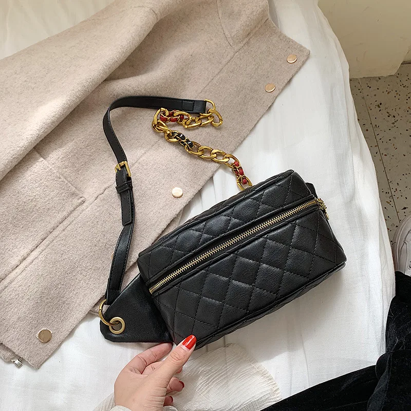 JI HAO Brand Design Diamond Lattice Shoulder Bags Female PU Leather Chains Solid Chest Bag For Women Ladies Fashion Waist Bags - Цвет: Black
