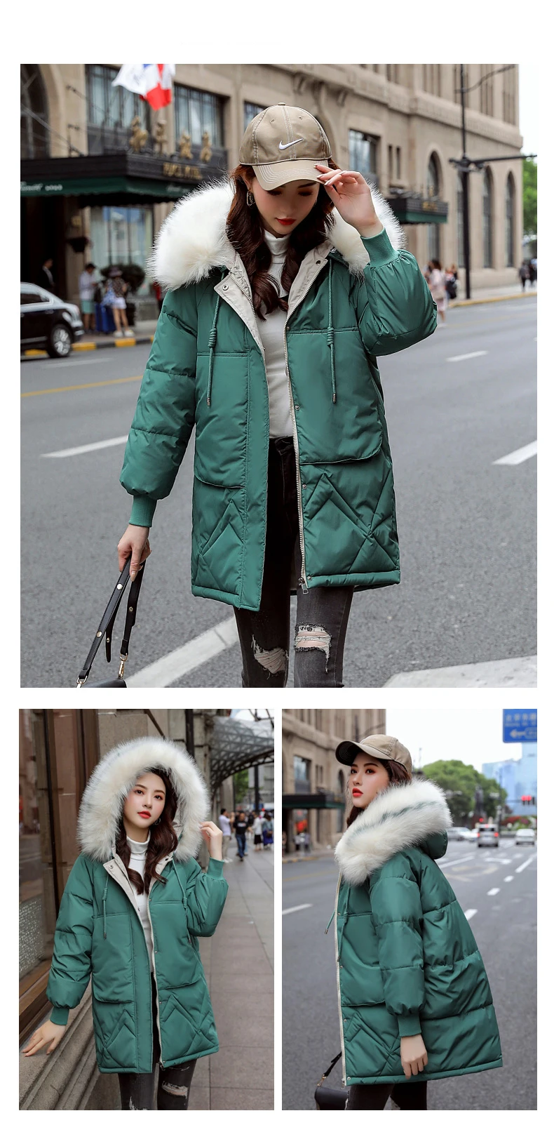 Пуховики средней длины, женские зимние куртки, повседневная куртка с меховым воротником и капюшоном, теплое плотное пальто размера плюс, женские пальто с большим карманом