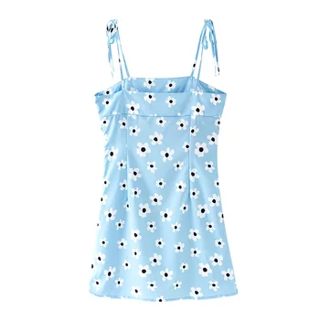 

2020 summer women's new French blue printed flower sling sleeveless dress temperament slim slimming mini dress