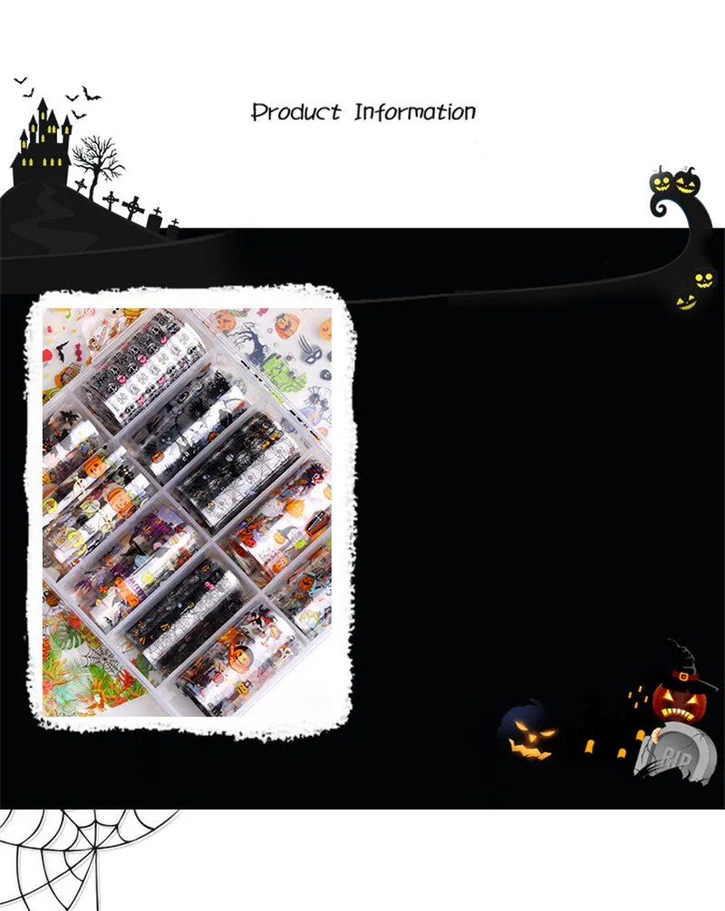 Kalvaro 10 Rolls Holographic Nail Transfer Paper Halloween Nail Decals Adhesive Foils Nail Art Stickers 3D Manicure Decoration
