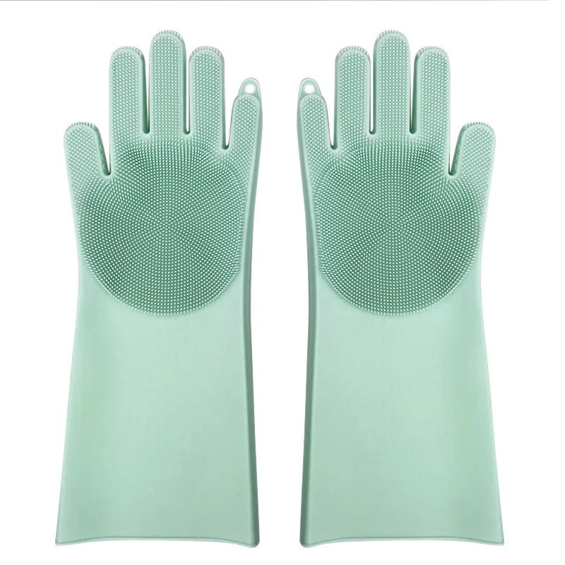 Силиконовые блюда перчатки для чистки 1 пара пищевого класса перчатки для мытья посуды с щетка для чистки, мытья домашнего хозяйства - Цвет: Светло-зеленый