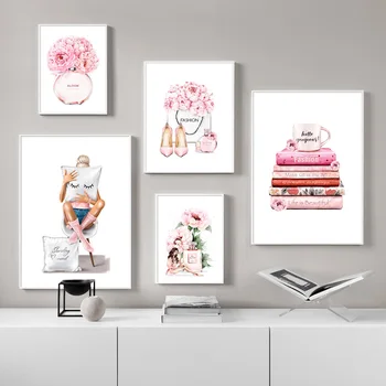 Günstig Mode Wand Kunst Leinwand Malerei Floral Mädchen Parfüm Buch Make-Up Poster Rosa Druck Schönheit Salon Schlafzimmer Dekoration Bild