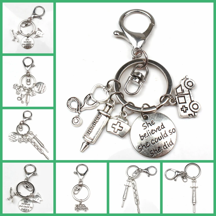 

New Fashion Doctor Aid Kit Mini Syringe Thermometer Ambulance Dentist Angel Stethoscope Keychain Medicine Graduate Gift Souvenir