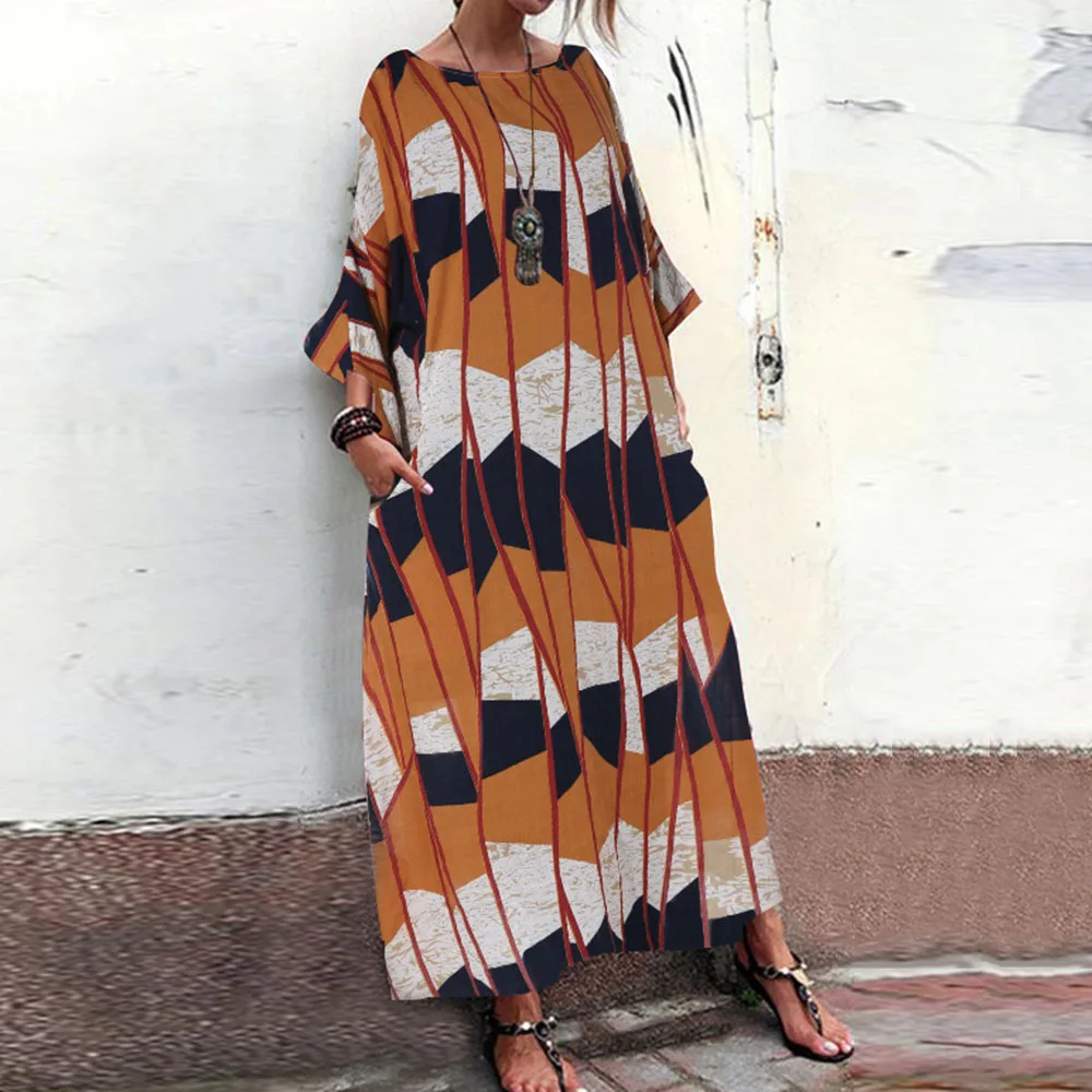 

Loose Plus Size Long Dress Women Geometric Printed Contrast Color Prom Party Dress Boho Causal Maxi Sundress Vacation Vestidos