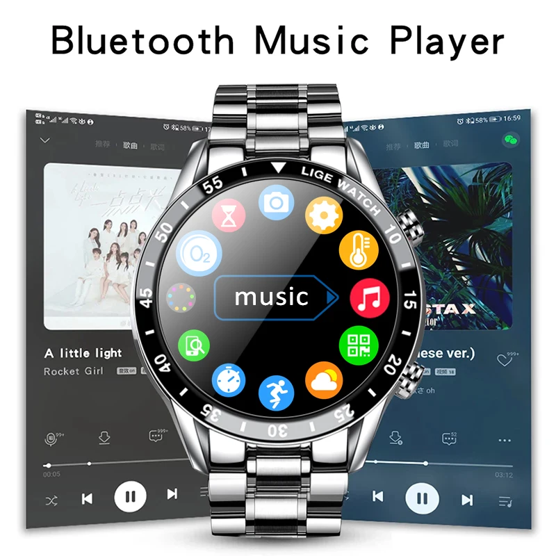 LIGE 2021 Full circle touch screen steel Band luxury Bluetooth call Men smart watch Waterproof Sport Activity fitness watch+box