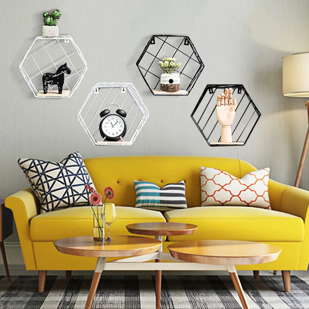 

Iron Hexagonal Grid Wall Shelf Combination Hanging Geometric Figure Decoration Creative Home Hanging Window Green Planting Basin