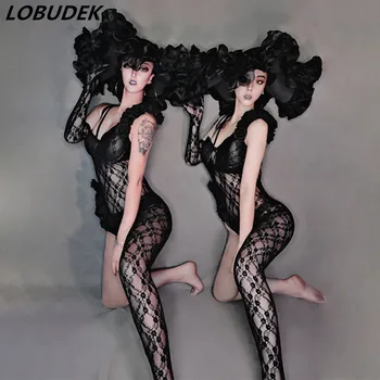 

Valentine's Day Bar Club Party Dance Outfit Sexy Black Flower Lace One Leg Jumpsuit Hat 3-Piece Leading Dance Costume Stage Wear
