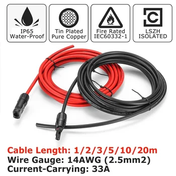 

1 Pair Red+Black Photovoltaic cable Female/Male Extension Cord Solar Panel PV Connector 3/5/6/10M 14AWG Cable