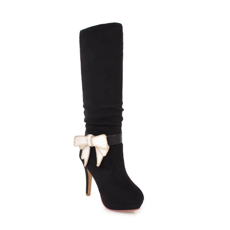 ORCHA LISA Warm Winter Knee Boots for Women Round Toe Spike Heel Slip-on Flock Butterfly-Knot Skid proof Big size 43 Black Red - Цвет: Black