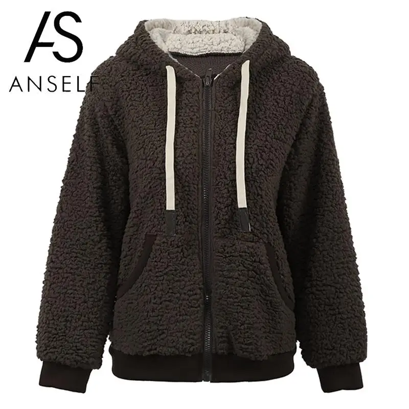 

Fashion Women Furry Fleeces Hoodies Coat Zipper Front Pockets Warm Winter Jacket Casual Women's Sweatshirt Plus Size Overcoat