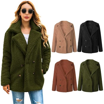 

Fashionable button-down warm coat with long sleeve pocket Casual lapel coat women Jackets Hoodies Faux plush solid elegant