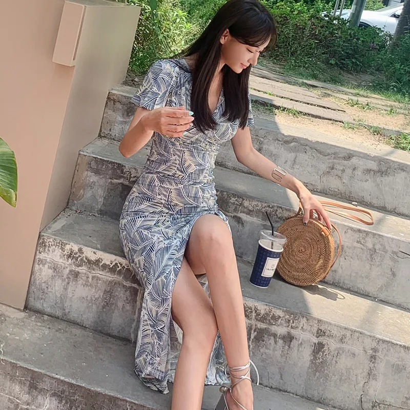 

7500 #2019 Summer Wear New Style Korean-style V-neck Slim Fit Fashion Printed Sheath Shirred Slit Long Skirts Dress Women's