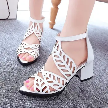 

Vintage Hollow Out Sandals Mid Heels Summer Slip-on Buckle Ladies Shoes Artificial Open Toe Casual Wedding Pumps Women Sandalias