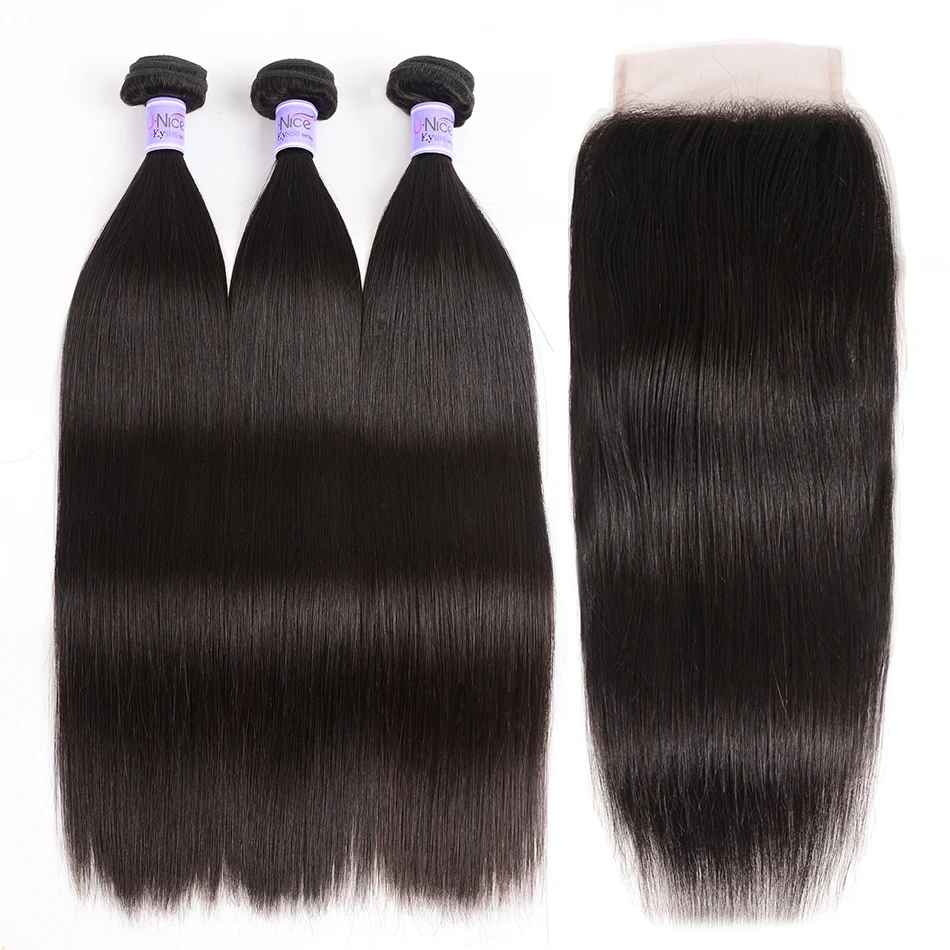 Волосы UNICE Kysiss серии перуанские человеческие волосы пряди с закрытием 8-3" прямые волосы ткет 3 пряди натуральные волосы для наращивания