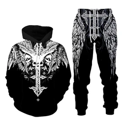 Ensemble de survêtement pour hommes, sweat shirt et pantalon, imprimé tête de mort en 3d, décontracté, 2 pièces 