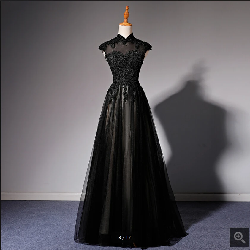 Vestido de festa черное Тюлевое ТРАПЕЦИЕВИДНОЕ кружевное платье с аппликацией из бисера для выпускного вечера Элегантное Длинное платье с высоким вырезом и рукавами-крылышками для выпускного вечера