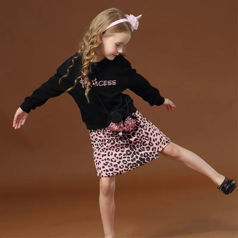 3PCS/Set New Autumn&Spring Leopard Clothing Set For Baby Girl Kids Black Top+Leopard Skirt+Bag Leopard Clothing Set