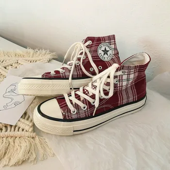 

Summer Fahsion Plaid Canvas Shoes High Top Shoelace Wear Resisant Olive Shoes Women Breathable Youth All Matching Sneakers Men