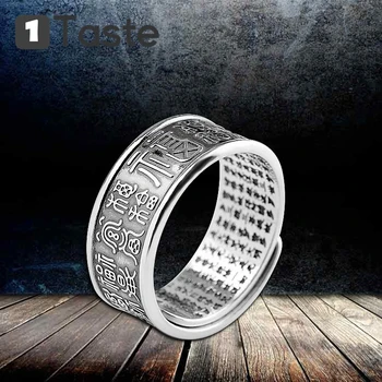 

ONE TASTE 925 Sterling Thai Silver Men's Ring Chinese Letter FU Buddhism Heart Sutra Open Rings Fine Jewel Vintage Trendy Gift
