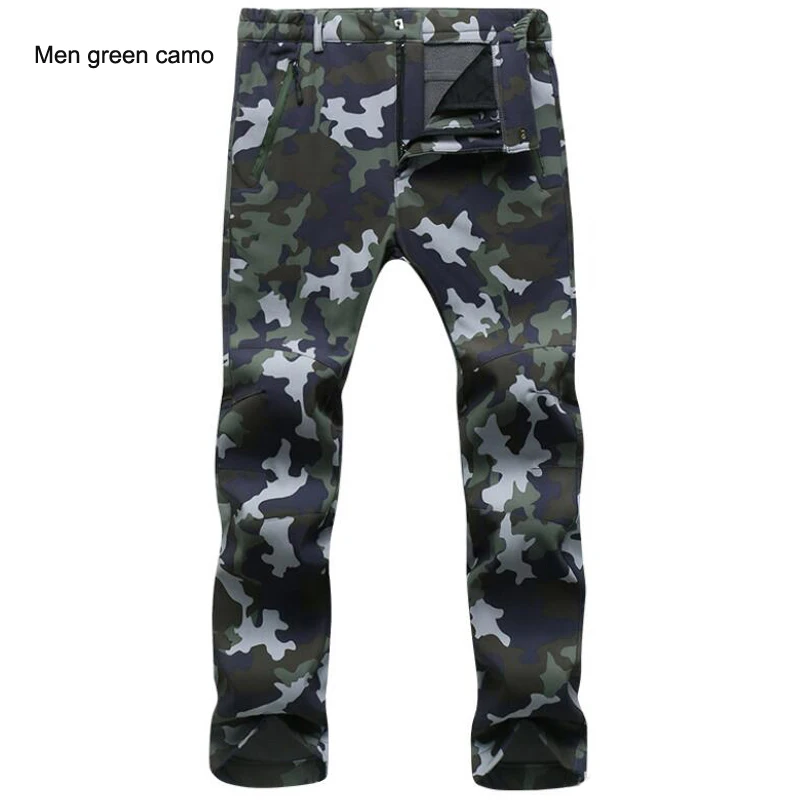 green camo Зимние штаны, мужская верхняя одежда, мягкая оболочка, флис, термо брюки, мужские s повседневные осенние толстые тянущиеся водонепроницаемые военные тактические штаны - Цвет: green camo