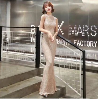 Champagne Gold Vestido de festa, вечерние платья русалки, длинное платье, модное Черное вечернее платье с круглым вырезом и блестками, вечерние платья, Robe De Soiree - Цвет: Champagne Gold
