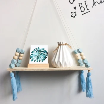 

Nordic Style Wall Shelf Wood Beads Colorful Wood Shelves With Tassel Clapboard Children Rooms Decoration Storage Shelf Hodler