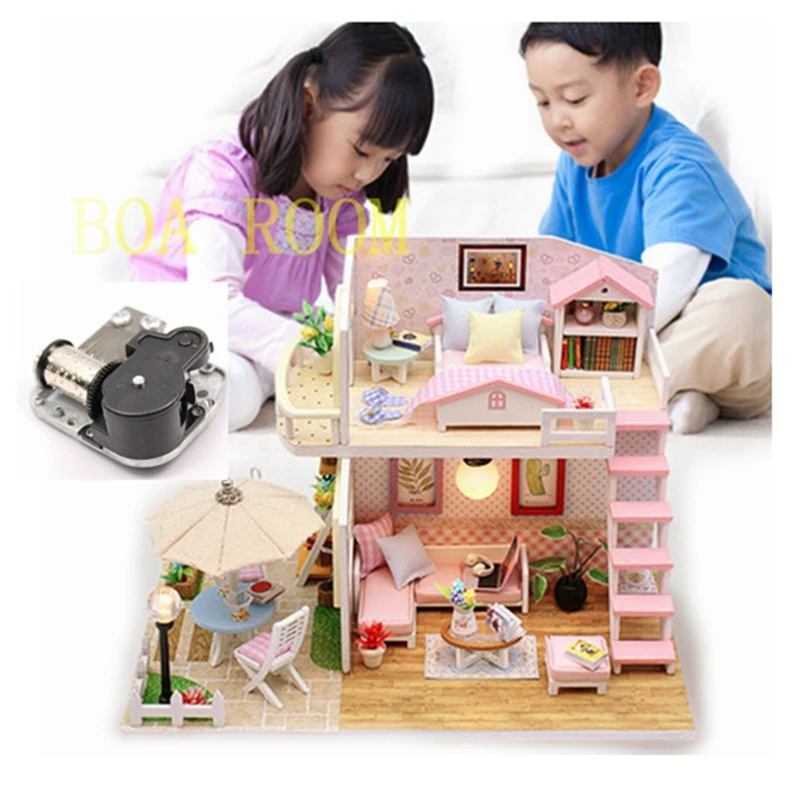WITH MUSIC MOTOR DIY Кукольный дом, деревянные кукольные домики, миниатюрный мини кукольный домик, мебель, набор со светодиодный игрушками, Детский Рождественский подарок, M033, розовый Лофт - Цвет: WITH MUSIC MOTOR