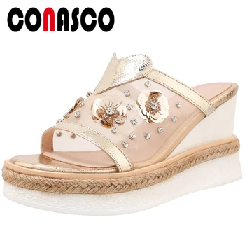 

CONASCO Fashion New Women Sandals Genuine Leather Appliques Women Mesh Shoes Women Wedges Pumps Casual High Heels Shoes Woman