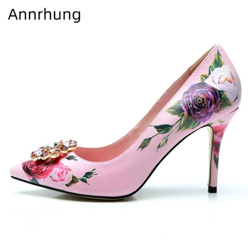 

Crystal Buckle Decor Mary Janes 10cm Thin Heel Pointed Toes Printed Rose Flower Wedding Shoes Genuine Leather Women Pumps