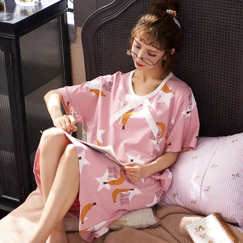 

Nightdress Female Summer Cotton Short-sleeved Round Neck Loose Cartoon Worn Outside Casual Ladies Cotton Homewear